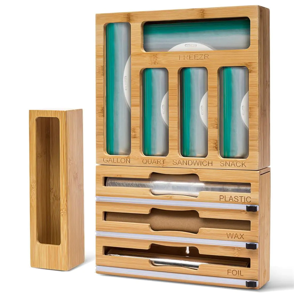 Storage Bag Organizer for Drawer Foil and Plastic Wrap Dispenser with Cutter for Kitchen 9-in-1 Storage for Snack Gallon Sandwich and More