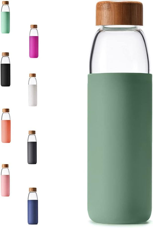 veegoal 25 Oz Borosilicate Glass Water Bottles with Bamboo Lid, BPA-FREE, Non-Slip Silicone Sleeve, and Stainless Steel Leak Proof Lid - Reusable Glass Bottle for Men and Women