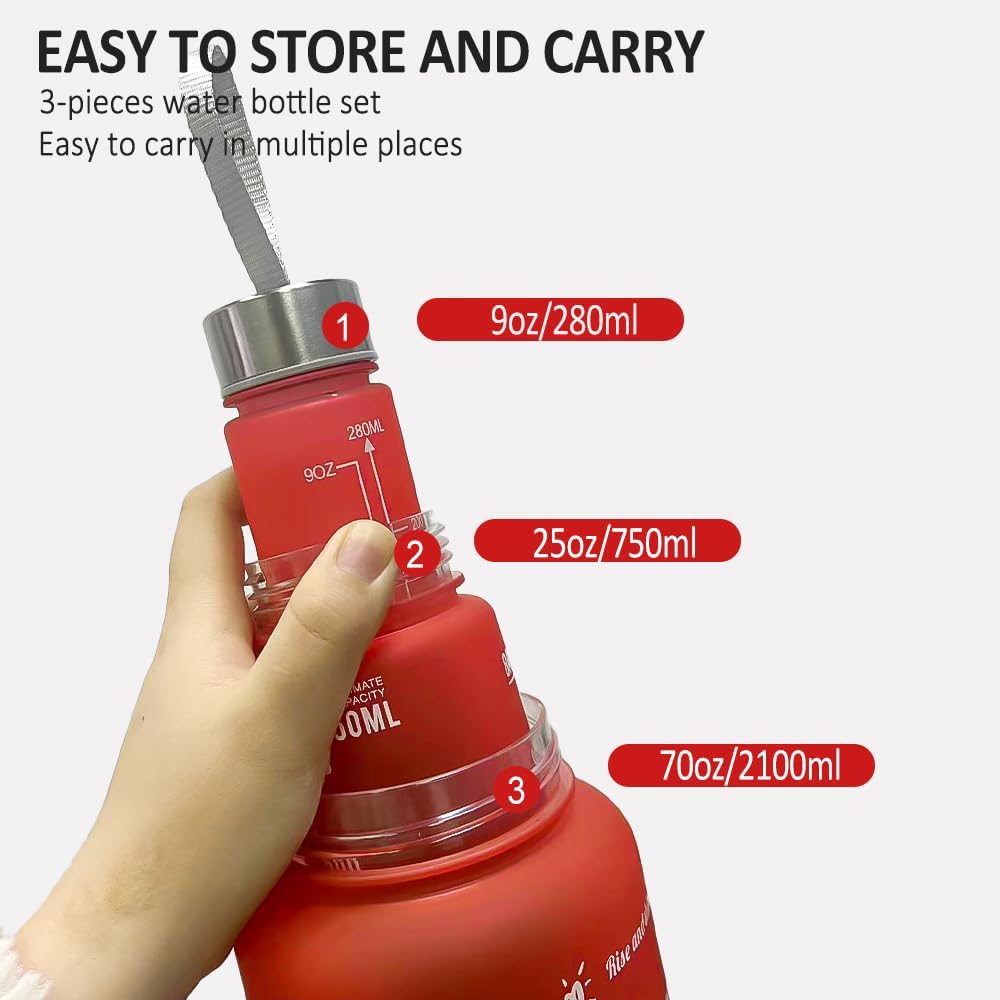 3pcs Water Bottle Set,99oz Sports Fitness Water Cups,BPA Free Leak Proof,Straw Inspirational Water Bottle,For Family Camping Outdoor(3pcs Red black)