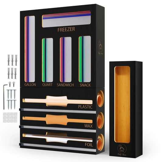 Chefs Haven 9 IN 1 Storage Bag Organizer Foil and Plastic Wrap Organizer with Cutters Bamboo Kitchen Baggie Organizer for Drawer Pantry & Countertop Storage for Gallon Quart Sandwich Snack Bag