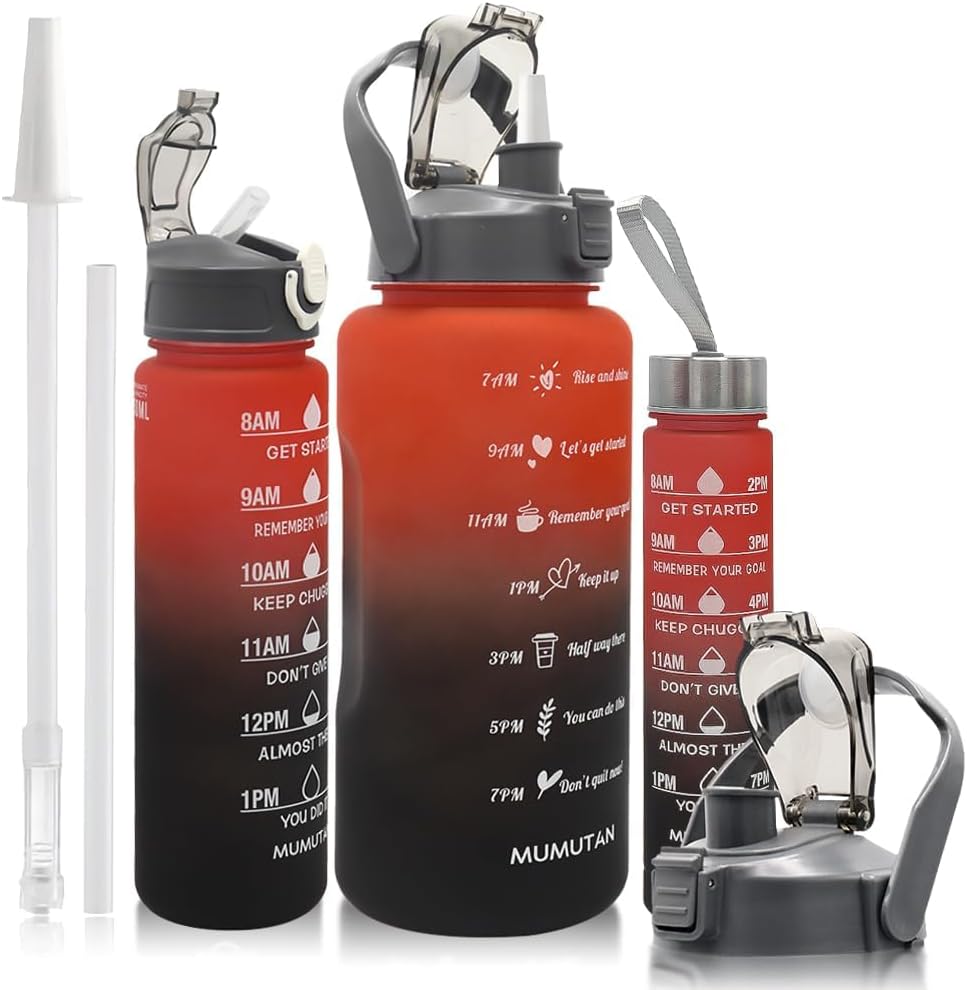 3pcs Water Bottle Set,99oz Sports Fitness Water Cups,BPA Free Leak Proof,Straw Inspirational Water Bottle,For Family Camping Outdoor(3pcs Red black)