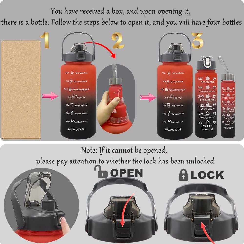 3pcs Water Bottle Set,99oz Sports Fitness Water Cups,BPA Free Leak Proof,Straw Inspirational Water Bottle,For Family Camping Outdoor(3pcs Red black)