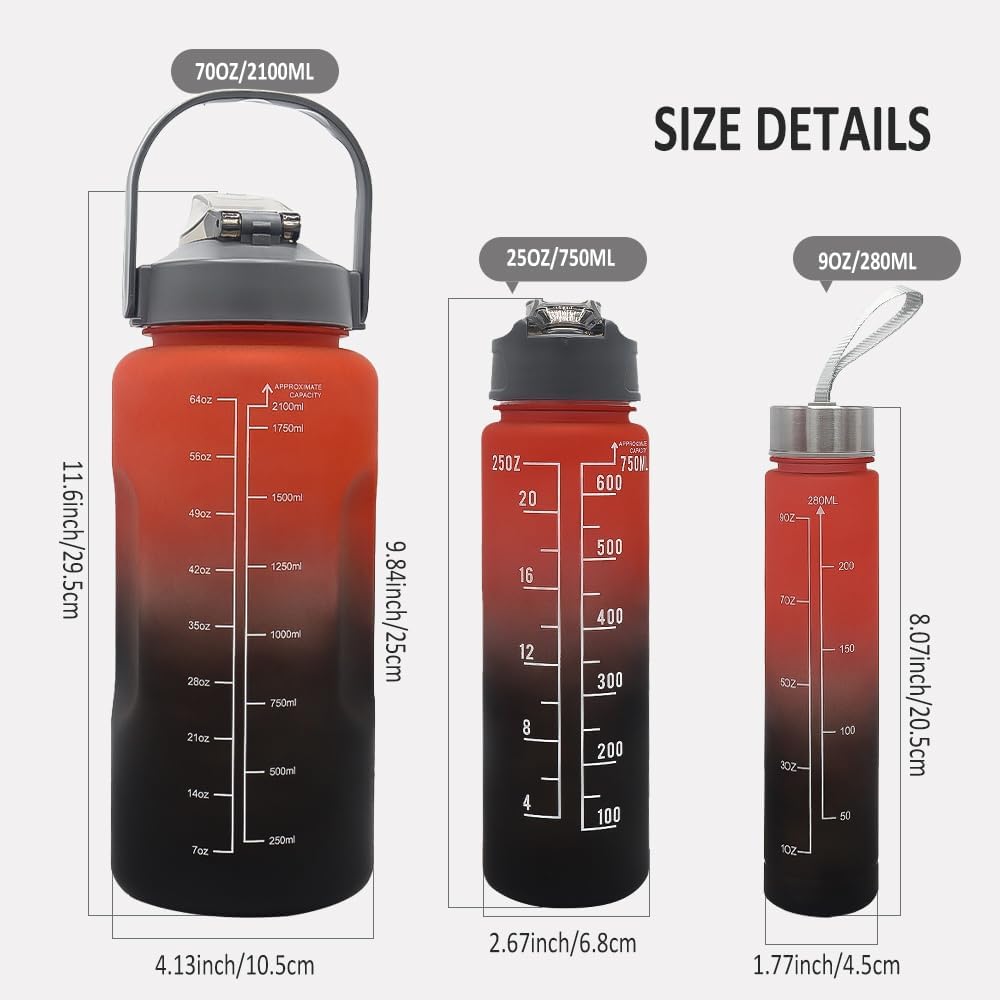 3pcs Water Bottle Set,99oz Sports Fitness Water Cups,BPA Free Leak Proof,Straw Inspirational Water Bottle,For Family Camping Outdoor(3pcs Red black)