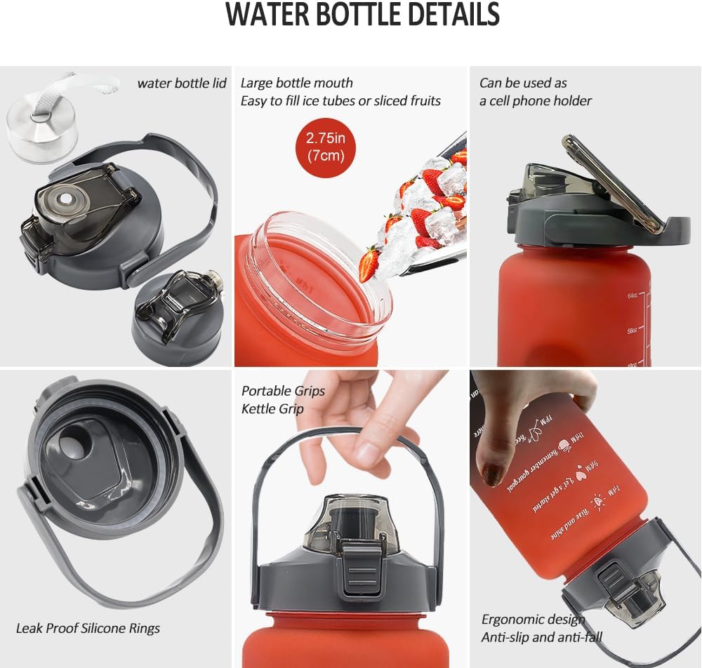 3pcs Water Bottle Set,99oz Sports Fitness Water Cups,BPA Free Leak Proof,Straw Inspirational Water Bottle,For Family Camping Outdoor(3pcs Red black)