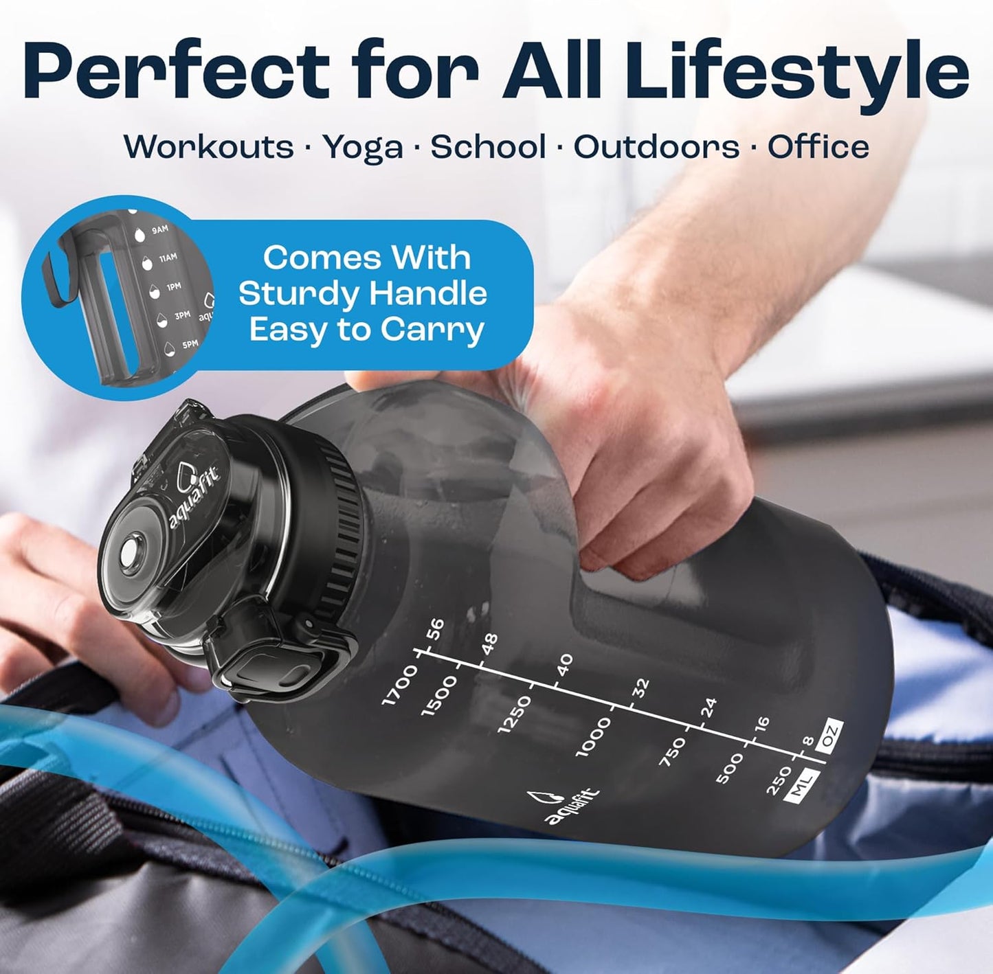 AQUAFIT 64 oz Water Bottle with Time Marker, BPA Free Half Gallon Water Bottle with Straw, Gym Water Bottle with Handle, Gallon Water Jug, Big Water Bottle, Large Water Bottle (Gray, 64oz 2in1 Lid)