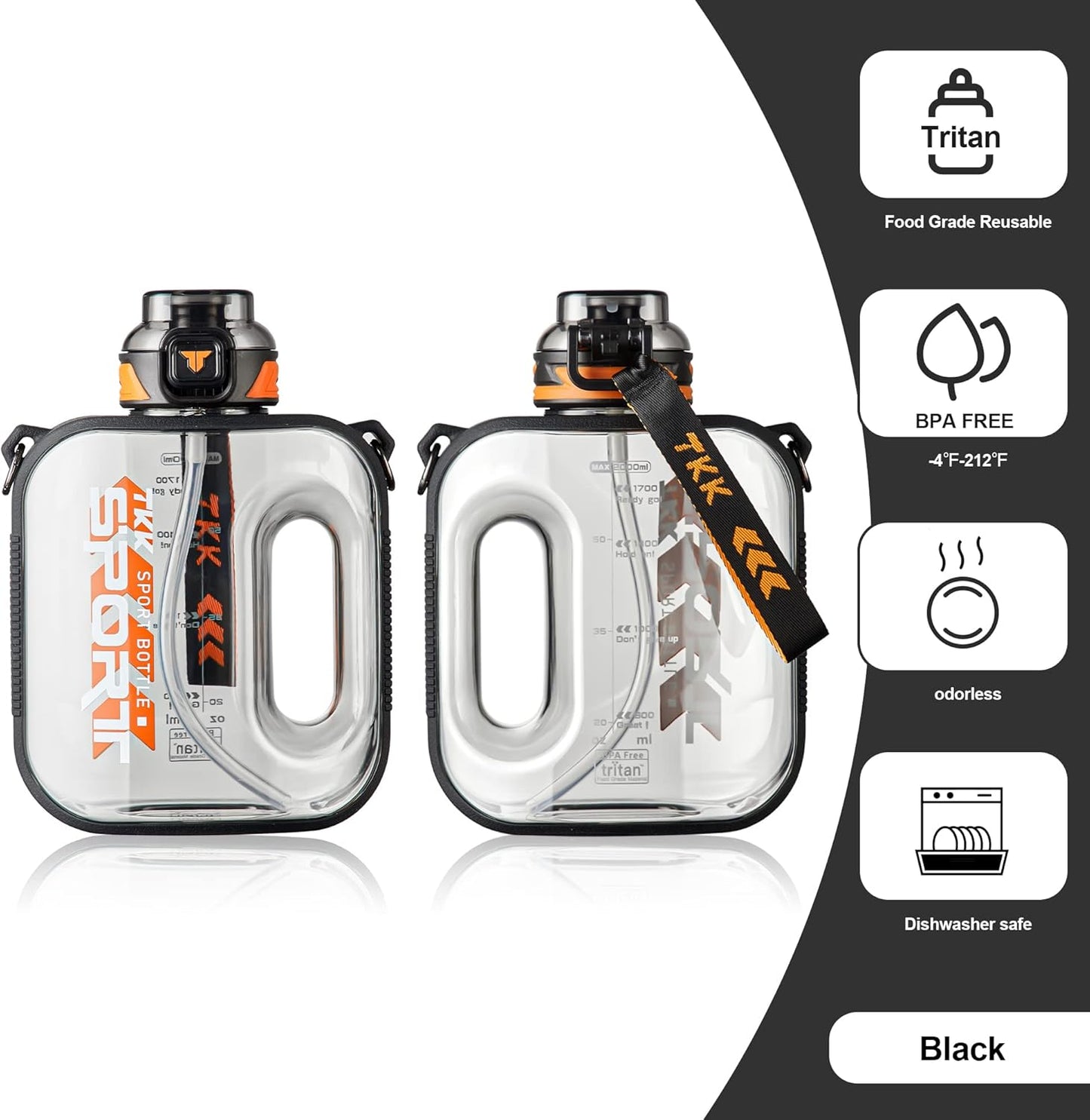 TKK Half Gallon Water Bottle Jug with Straw, Large Capacity Plastic Water Bottle, Dishwasher Safe, 1/2 Gallon 64 Oz, BPA Free Tritan for Gym, Yoga, Travel, Camping, Outdoor, Black