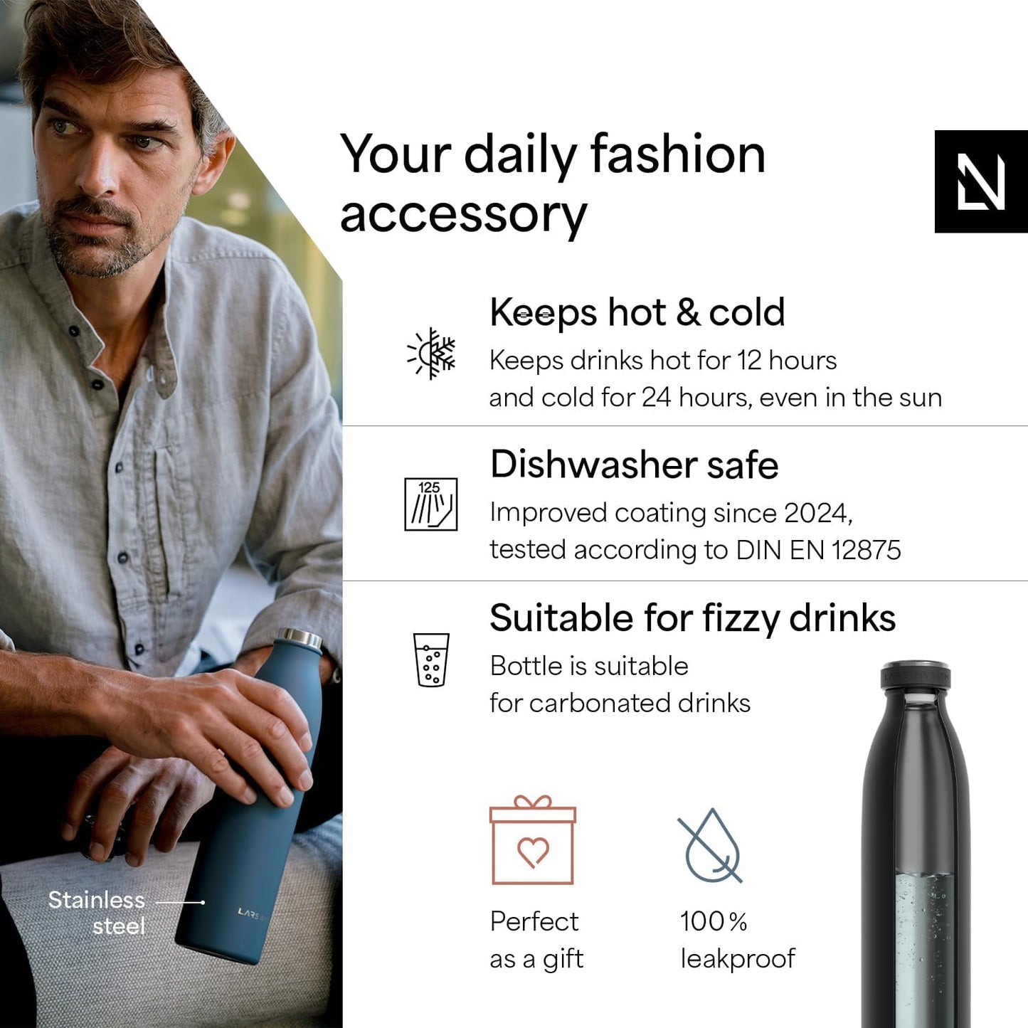 LARS NYSØM Stainless Steel Insulated Water Bottle 12oz 17oz 25oz 34oz 51oz | Insulated Thermo Flask for Hot and Cold Beverages | Leakproof Drinking Bottle (Carbon Black, 25.4oz)