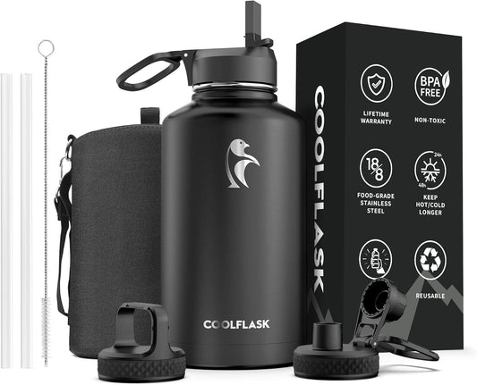 64 oz Water Bottle Insulated with Straw & 3 Lids, Coolflask Large Metal Stainless Steel Water Jug Big Half Gallon Wide Mouth for Sports, Gym or Office, Non-BPA Keep Cold 48H Hot 24H, Magic Black