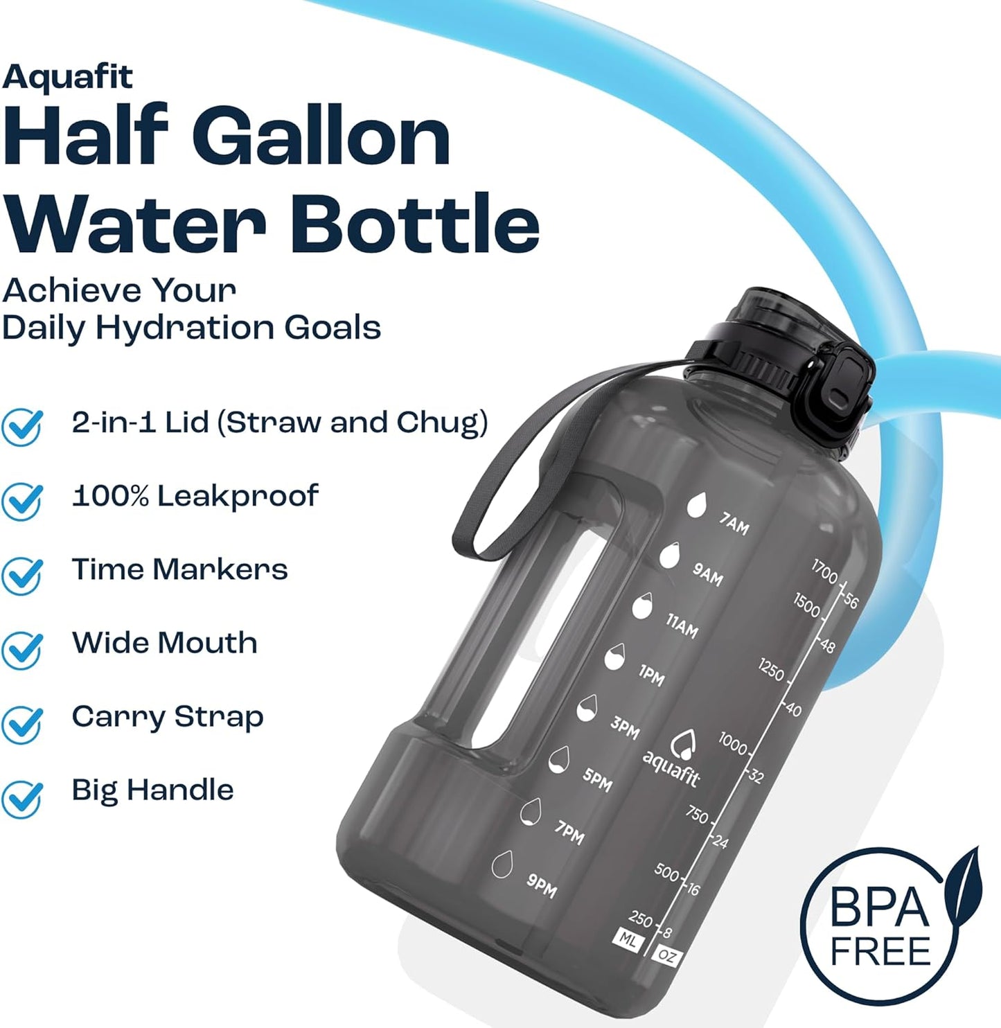 AQUAFIT 64 oz Water Bottle with Time Marker, BPA Free Half Gallon Water Bottle with Straw, Gym Water Bottle with Handle, Gallon Water Jug, Big Water Bottle, Large Water Bottle (Gray, 64oz 2in1 Lid)
