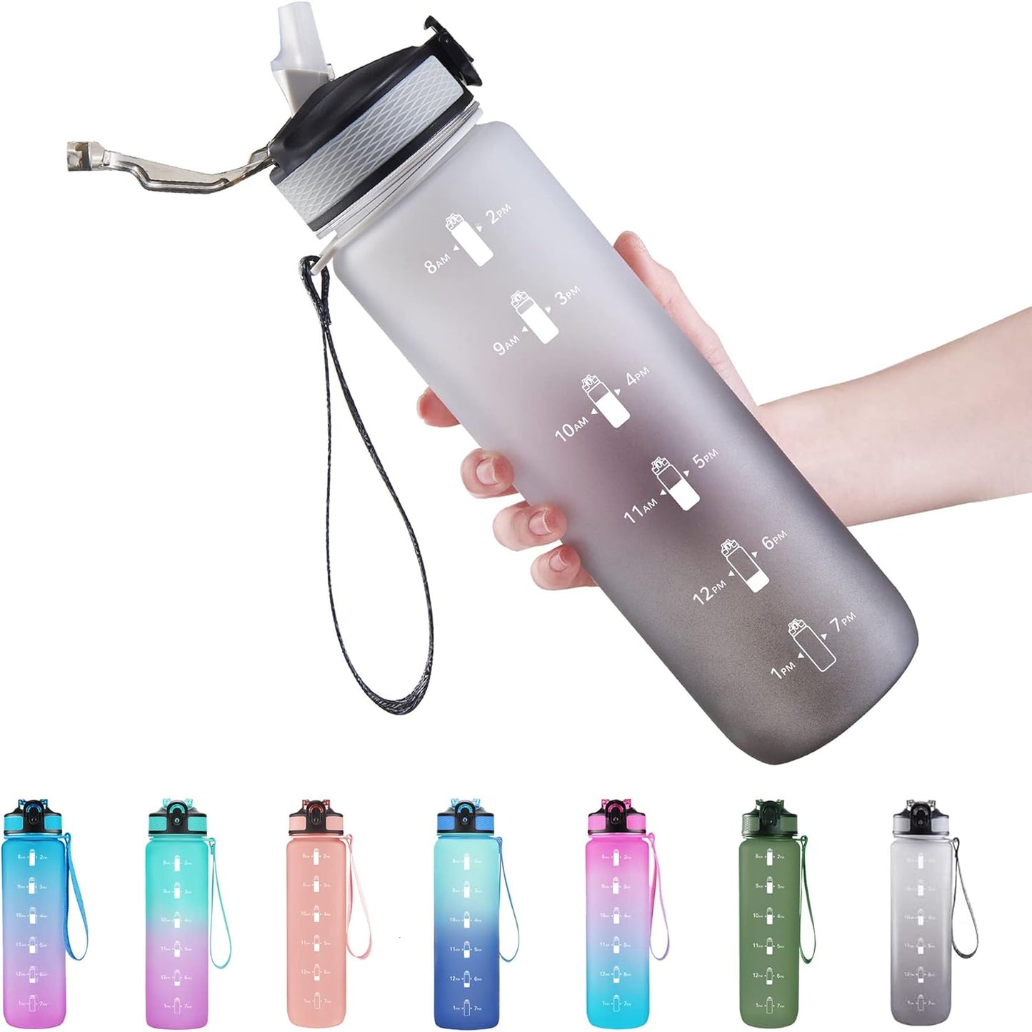 EYQ 32 oz Water Bottle with Time Marker, Carry Strap, Leak-Proof Tritan BPA-Free, Ensure You Drink Enough Water for Fitness, Gym, Camping, Outdoor Sports