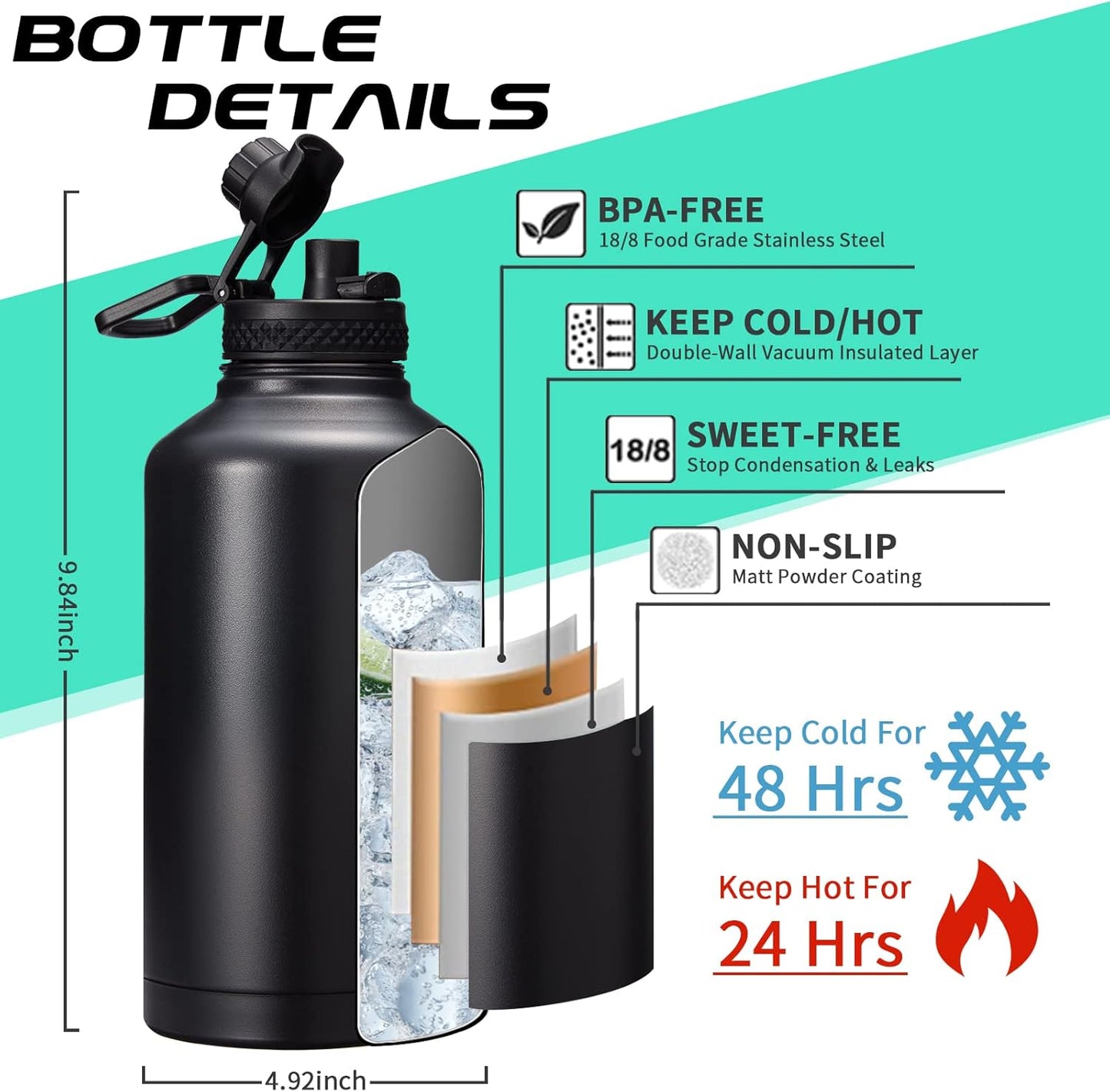 Insulated Water Bottle 64oz - w/Paracord Handle, Straw & Spout Lids, Carrier Bag, Half Gallon Sport Stainless Steel Water Flask Jug, Thermo Mug Double-wall Vacuum Water Bottle