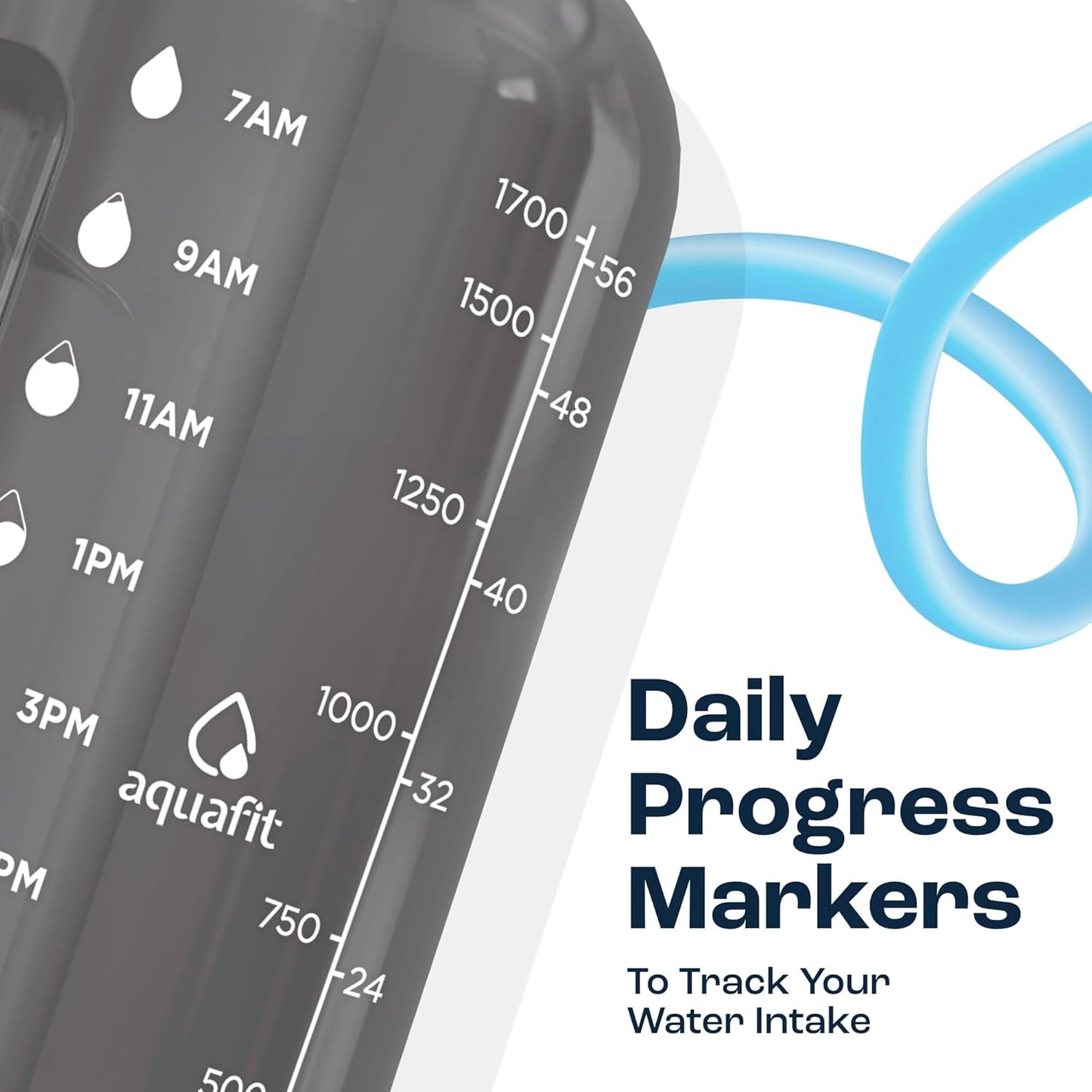 AQUAFIT 64 oz Water Bottle with Time Marker, BPA Free Half Gallon Water Bottle with Straw, Gym Water Bottle with Handle, Gallon Water Jug, Big Water Bottle, Large Water Bottle (Gray, 64oz 2in1 Lid)