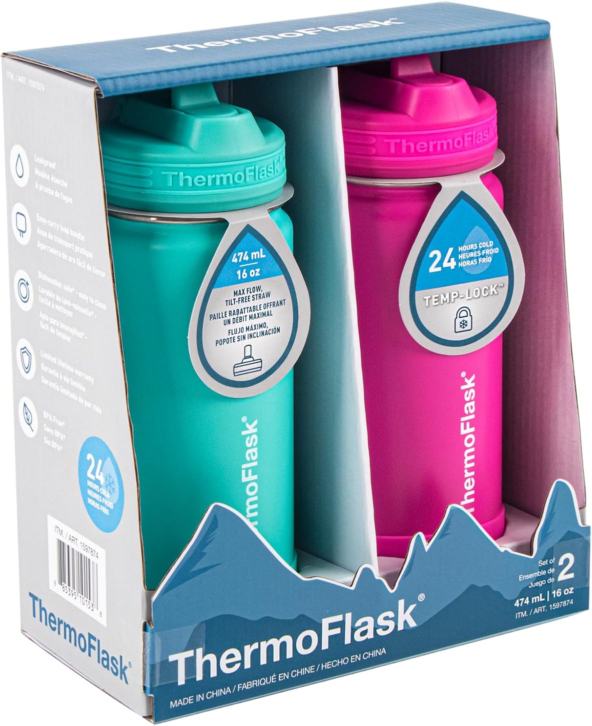 ThermoFlask Kids Bottle with Straw Lid - Durable & Dishwasher-Safe Water Bottles & Lids - Leak-Proof Bottle Lid Design - Reusable Water Bottles for Everyday Use - 16 oz, Aquamarine/Storm Pink (2 Pack)