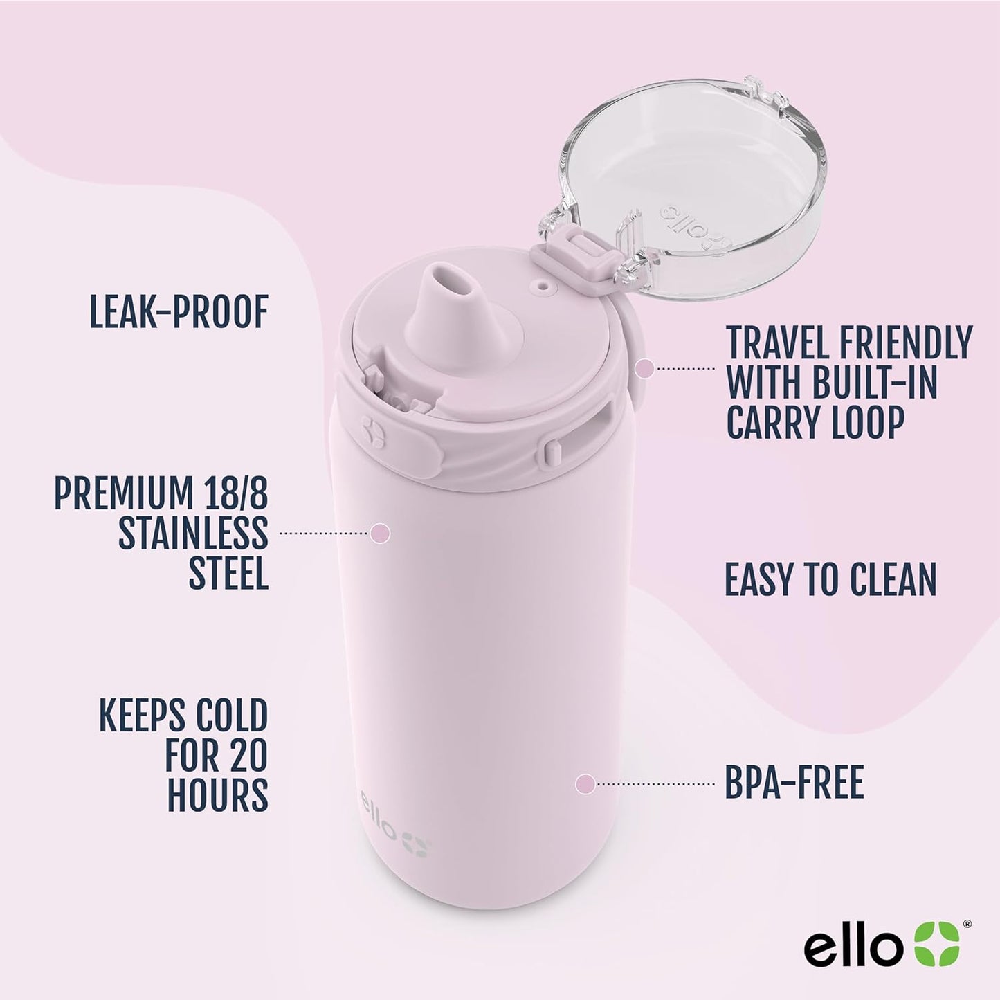 Ello Cooper 18oz Stainless Steel Water Bottle with Straw and Carry Handle, Double Walled and Vacuum Insulated Metal, Leak Proof Locking Lid with Soft Silicone Spout, Reusable, BPA Free, Cashmere Pink