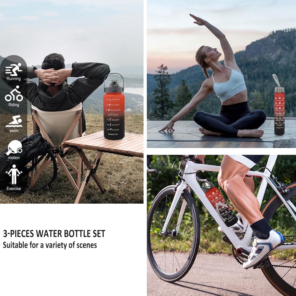 3pcs Water Bottle Set,99oz Sports Fitness Water Cups,BPA Free Leak Proof,Straw Inspirational Water Bottle,For Family Camping Outdoor(3pcs Red black)