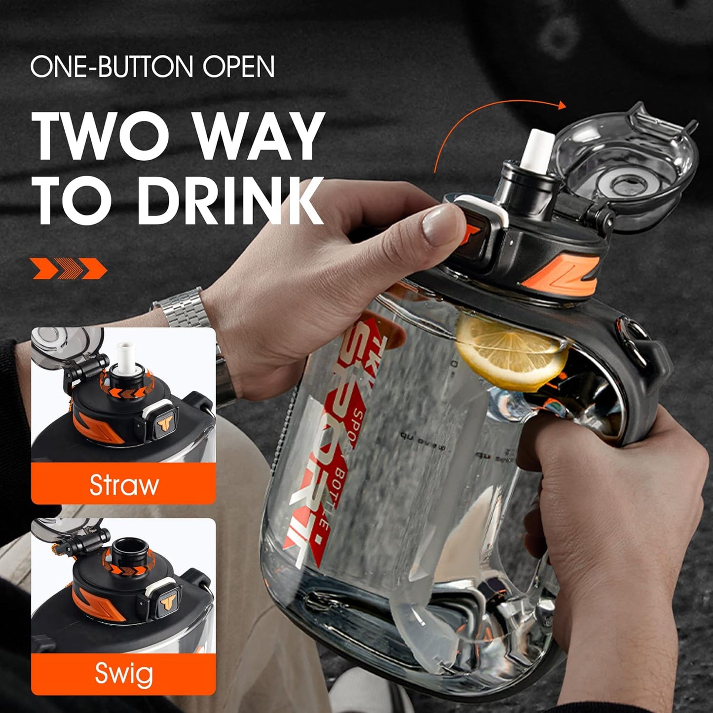 TKK Half Gallon Water Bottle Jug with Straw, Large Capacity Plastic Water Bottle, Dishwasher Safe, 1/2 Gallon 64 Oz, BPA Free Tritan for Gym, Yoga, Travel, Camping, Outdoor, Black