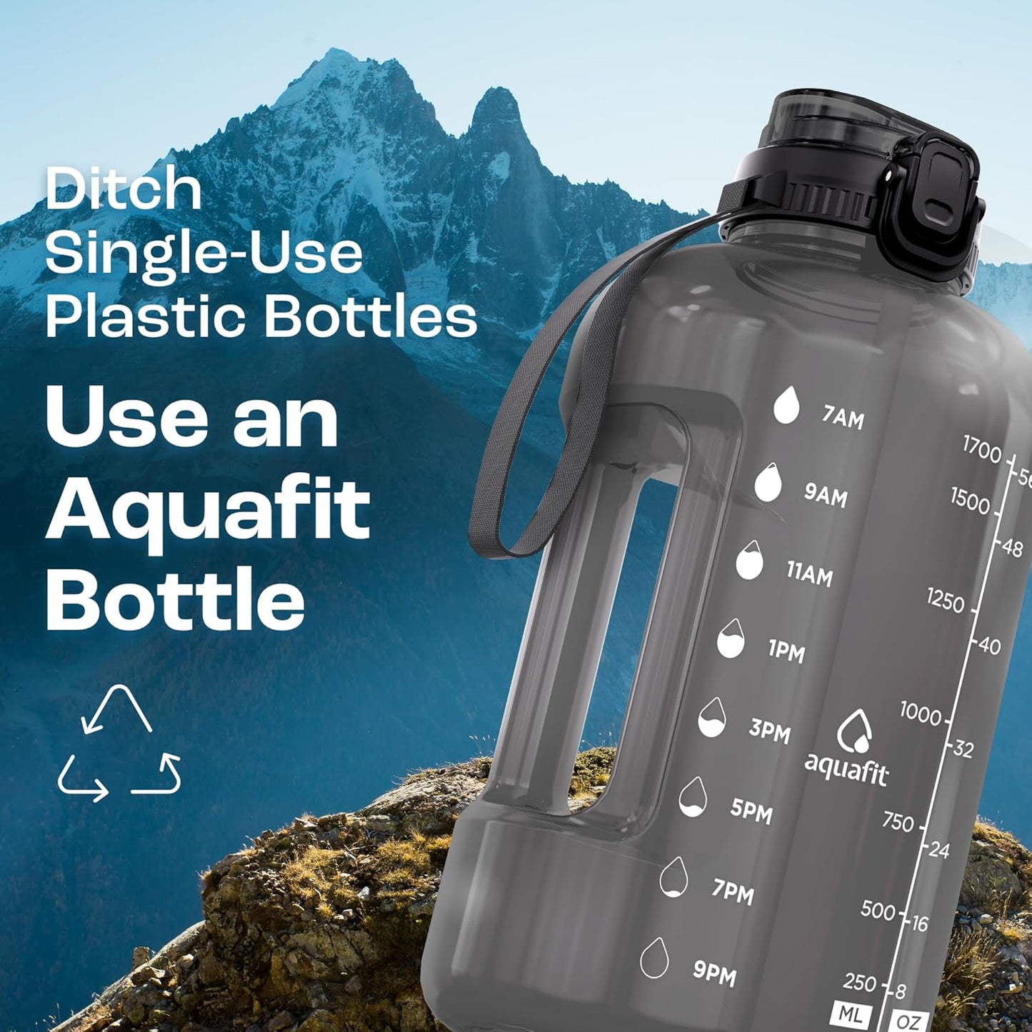 AQUAFIT 64 oz Water Bottle with Time Marker, BPA Free Half Gallon Water Bottle with Straw, Gym Water Bottle with Handle, Gallon Water Jug, Big Water Bottle, Large Water Bottle (Gray, 64oz 2in1 Lid)