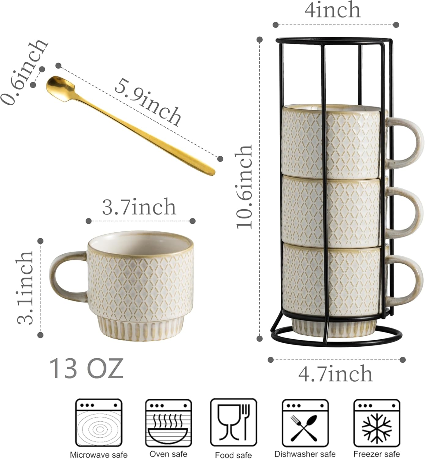 LYEOBOH Stackable Coffee Mugs, Coffee Cups, Mug Set of 4 with Spoons - 13 Oz Coffee Cup Set with Stand, Ceramic Coffee Mug - Farmhouse Kitchen, Beige