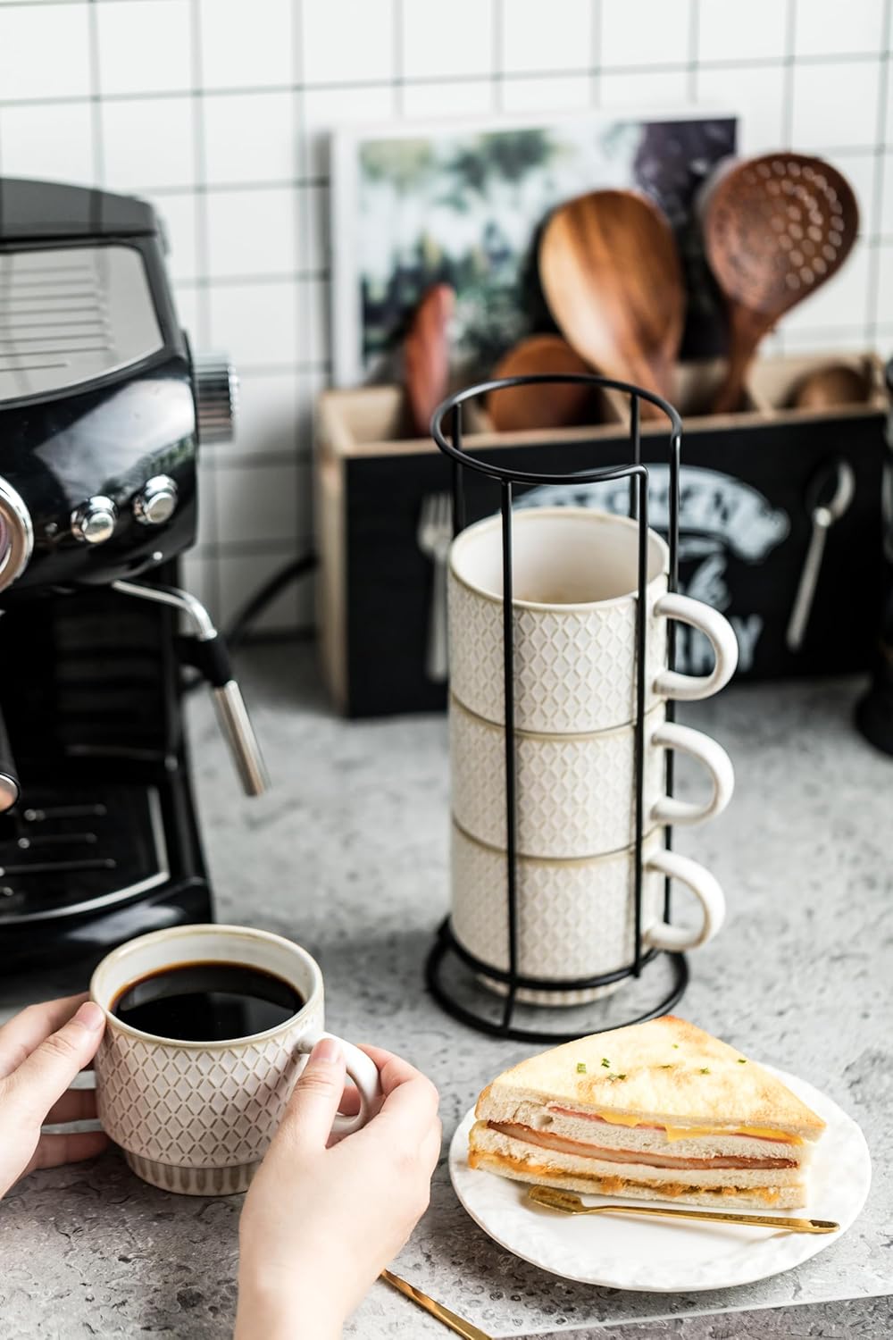 LYEOBOH Stackable Coffee Mugs, Coffee Cups, Mug Set of 4 with Spoons - 13 Oz Coffee Cup Set with Stand, Ceramic Coffee Mug - Farmhouse Kitchen, Beige