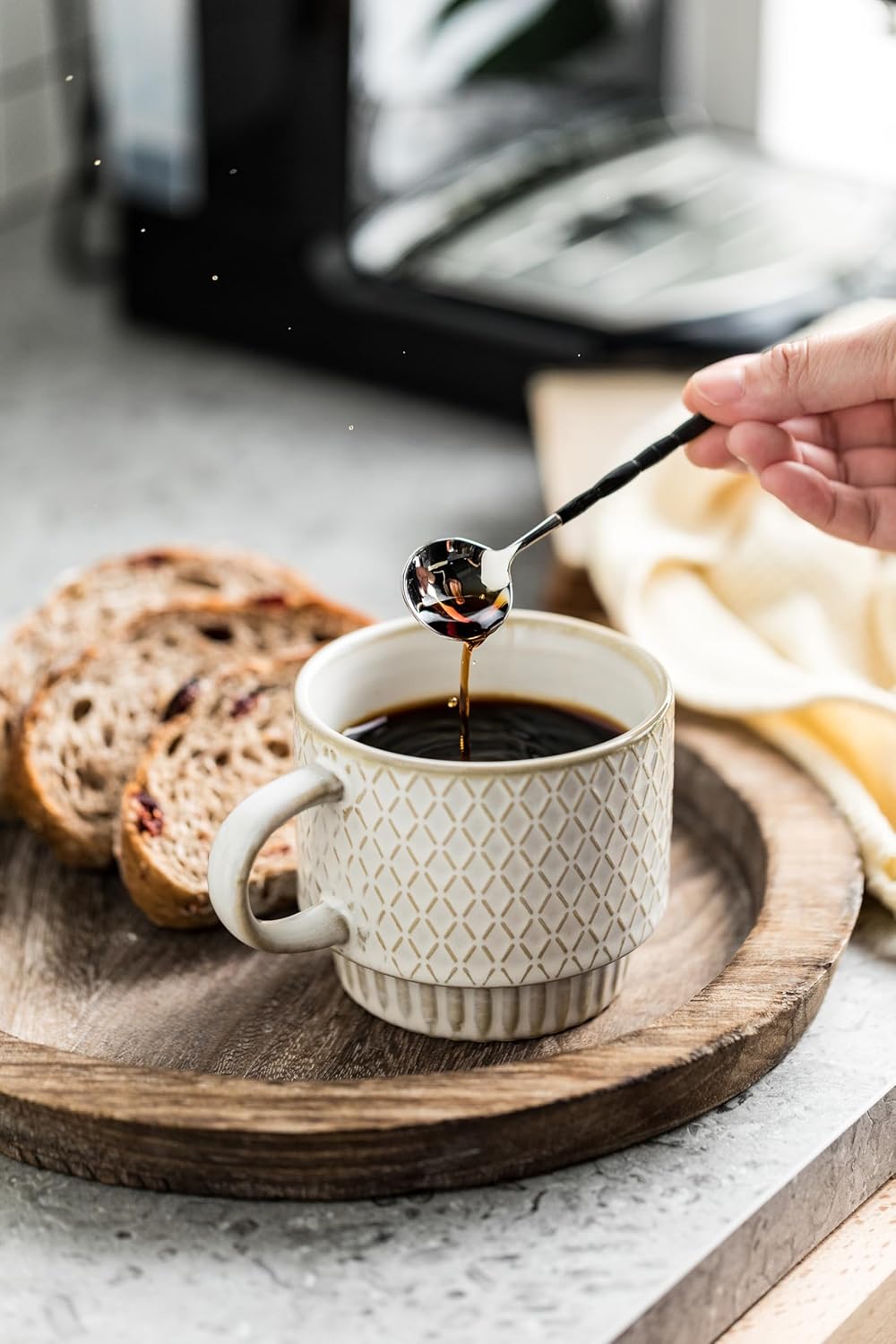 LYEOBOH Stackable Coffee Mugs, Coffee Cups, Mug Set of 4 with Spoons - 13 Oz Coffee Cup Set with Stand, Ceramic Coffee Mug - Farmhouse Kitchen, Beige