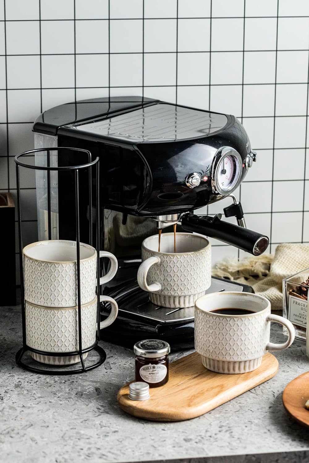 LYEOBOH Stackable Coffee Mugs, Coffee Cups, Mug Set of 4 with Spoons - 13 Oz Coffee Cup Set with Stand, Ceramic Coffee Mug - Farmhouse Kitchen, Beige