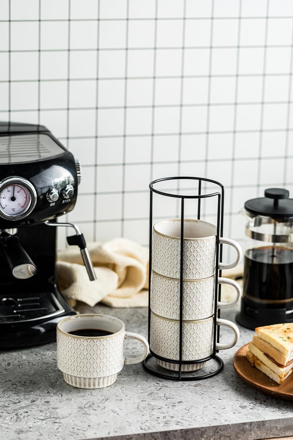 LYEOBOH Stackable Coffee Mugs, Coffee Cups, Mug Set of 4 with Spoons - 13 Oz Coffee Cup Set with Stand, Ceramic Coffee Mug - Farmhouse Kitchen, Beige