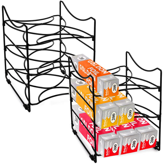 SOUJOY 2 Pack Foil and Plastic Wrap Organizer 3 Tier Kitchen Wrap Organizer Rack for pantry Metal Cabinet Tin Foil Shelves for Aluminum Foil Paper Wax Sandwich Freezer Food Bag Storage