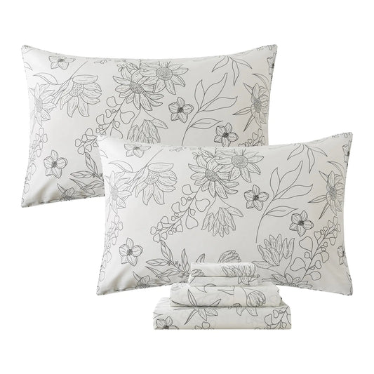 FADFAY Black and White Sheets Set Queen Vintage Sunflower Bedding Shabby White Floral Sheets Elegant Farmhouse Floral Bedding 100% Cotton Soft Bedding with Deep Pocket Fitted Sheet 4Pcs Queen Size