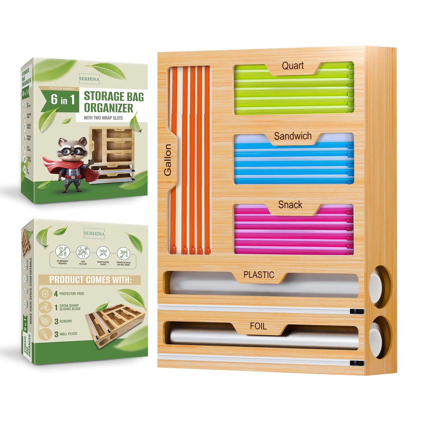 SERHINA Storage Bag Organizer for Kitchen Drawer - Foil and Plastic Wrap Organizer with Cutter - Plastic Bag Organizer - Food Baggie Storage for Sandwich Snack Gallon Quart