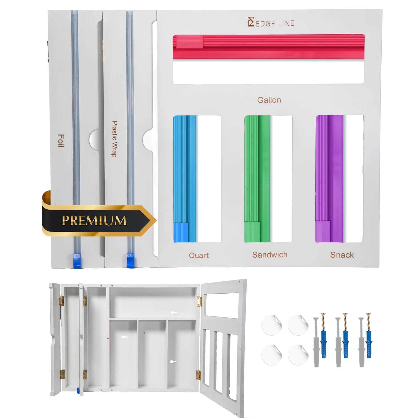 EDGE LINE White Storage Bag Organizer Wrap and Foil Dispenser with Cutters 6 In 1 Bamboo Foil and Plastic Wrap Organizer for Kitchen Drawer Plastic Bag Organizer for Gallon Quart Sandwich