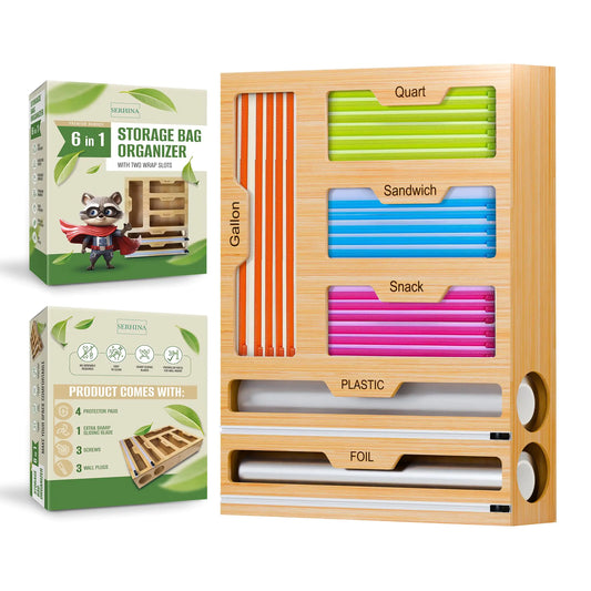SERHINA Storage Bag Organizer for Kitchen Drawer - Foil and Plastic Wrap Organizer with Cutter - Plastic Bag Organizer - Food Baggie Storage for Sandwich Snack Gallon Quart