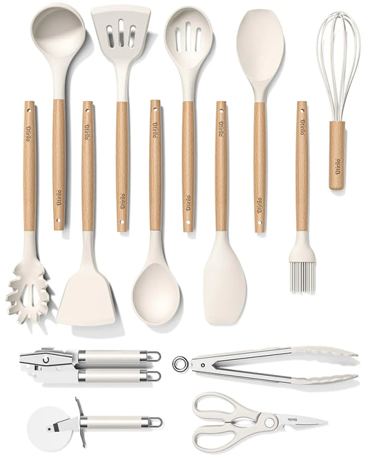 Otirilo Cooking Utensil Set Silicone Kitchen Utensils Set 14Pcs 446°F Heat Resistance Non-Stick Cooking Tools Spatula Set with Wooden HandleKitchen Utensil Gadgets Tools Set for Cookware