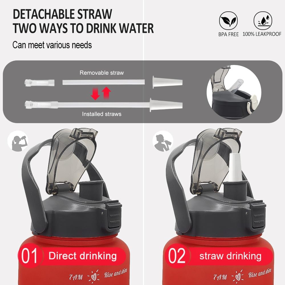 3pcs Water Bottle Set,99oz Sports Fitness Water Cups,BPA Free Leak Proof,Straw Inspirational Water Bottle,For Family Camping Outdoor(3pcs Red black)