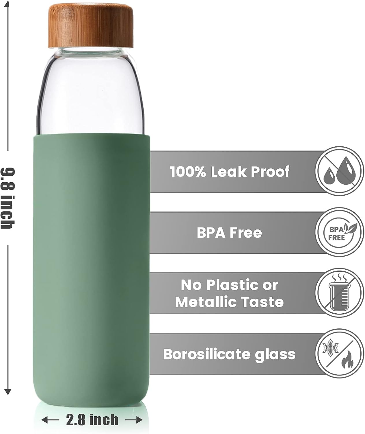 veegoal 25 Oz Borosilicate Glass Water Bottles with Bamboo Lid, BPA-FREE, Non-Slip Silicone Sleeve, and Stainless Steel Leak Proof Lid - Reusable Glass Bottle for Men and Women