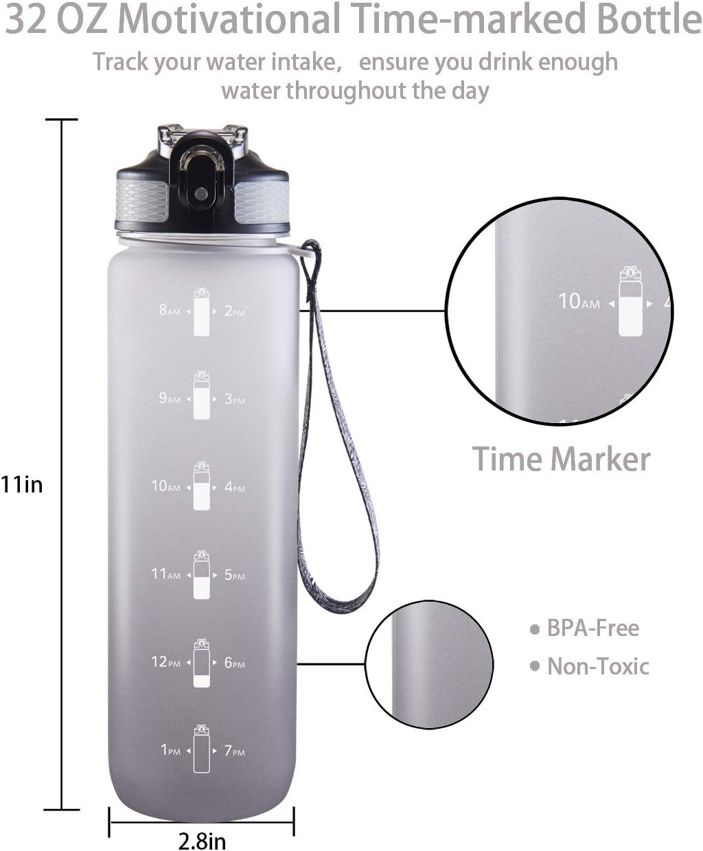 EYQ 32 oz Water Bottle with Time Marker, Carry Strap, Leak-Proof Tritan BPA-Free, Ensure You Drink Enough Water for Fitness, Gym, Camping, Outdoor Sports