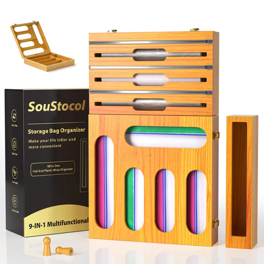 Storage Bag Organizer Cling Wrap and Foil Organizer with Cutter Clip or Small Item Organizer 9 in 1 Pine Kitchen Storage Organizer Plastic Food Bag Storage Containers for Gallons Quarts Sandwich