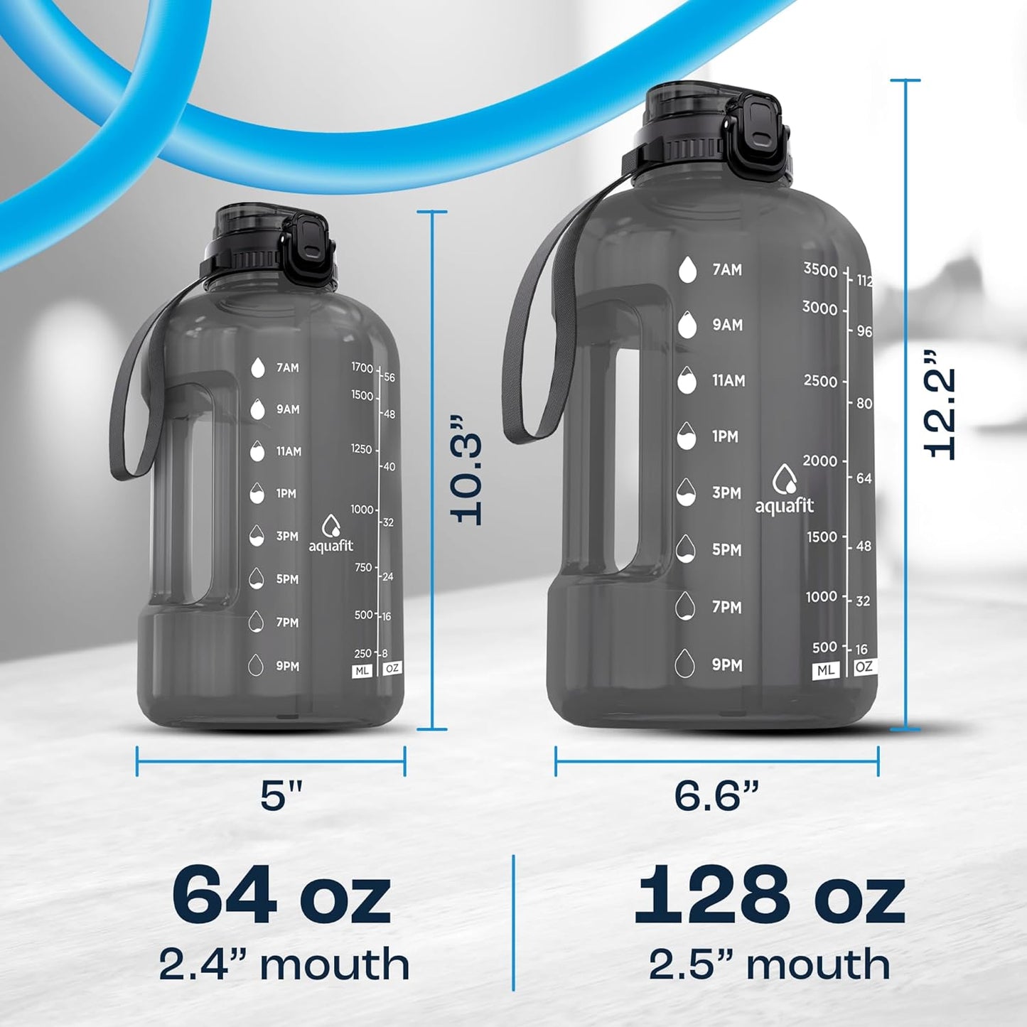 AQUAFIT 64 oz Water Bottle with Time Marker, BPA Free Half Gallon Water Bottle with Straw, Gym Water Bottle with Handle, Gallon Water Jug, Big Water Bottle, Large Water Bottle (Gray, 64oz 2in1 Lid)