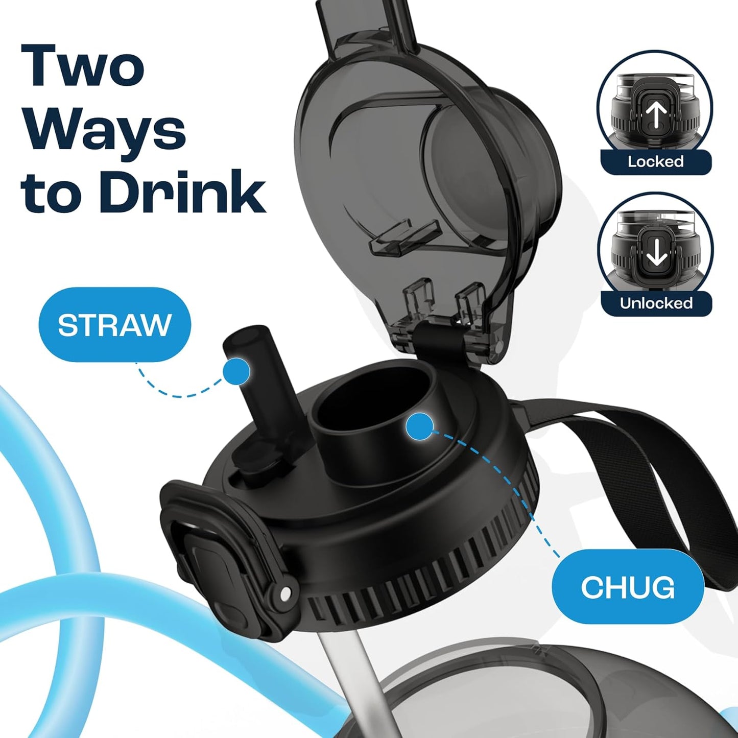 AQUAFIT 64 oz Water Bottle with Time Marker, BPA Free Half Gallon Water Bottle with Straw, Gym Water Bottle with Handle, Gallon Water Jug, Big Water Bottle, Large Water Bottle (Gray, 64oz 2in1 Lid)