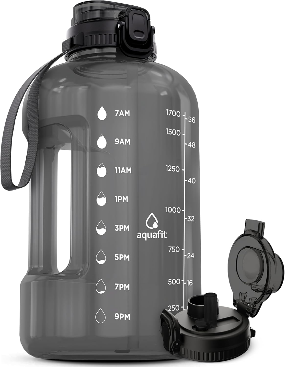 AQUAFIT 64 oz Water Bottle with Time Marker, BPA Free Half Gallon Water Bottle with Straw, Gym Water Bottle with Handle, Gallon Water Jug, Big Water Bottle, Large Water Bottle (Gray, 64oz 2in1 Lid)