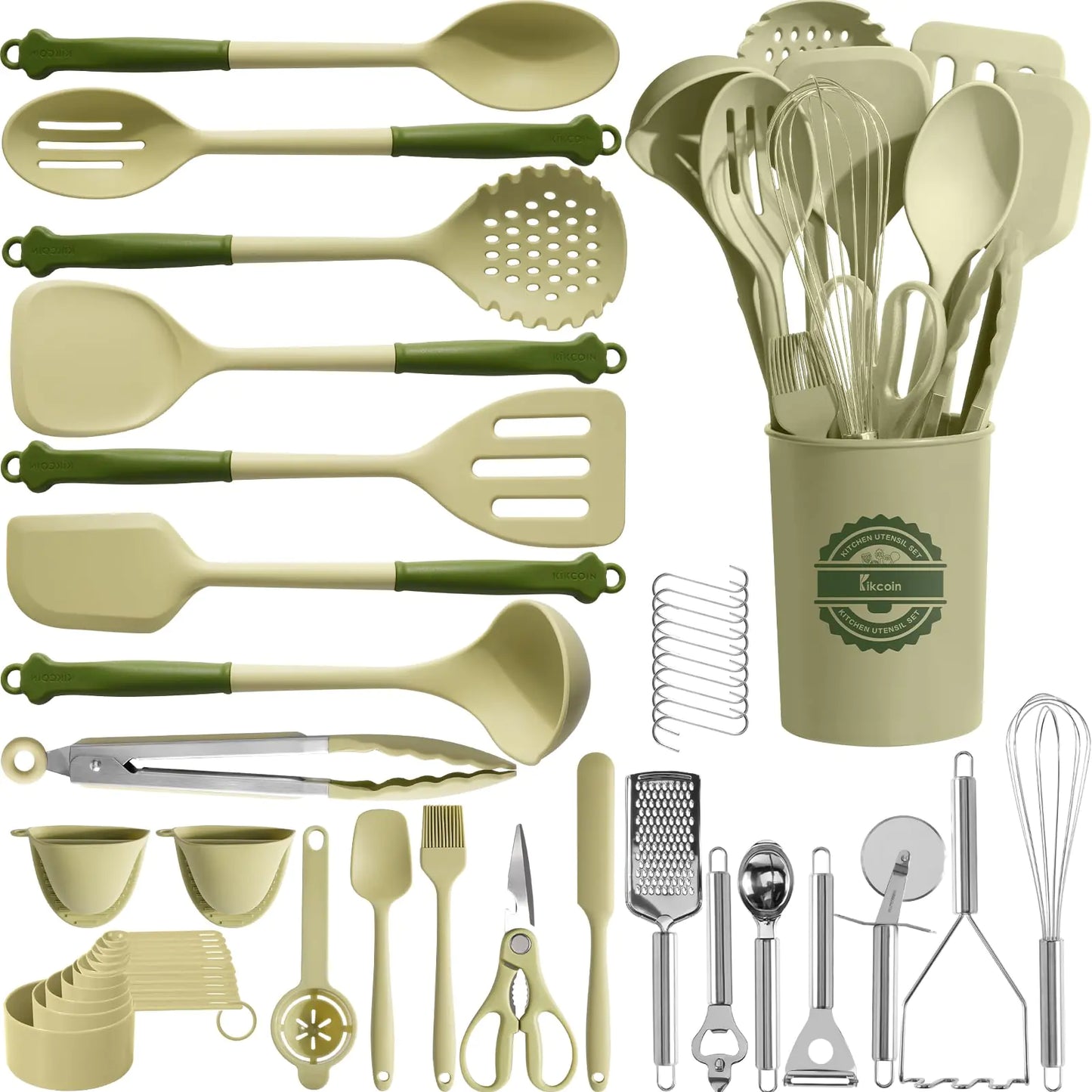 Kikcoin 43Pcs Kitchen Utensils Set - Silicone Cooking Utensils Set Dishwasher Safe Spatula Set for Non-stick Cookware 446°F Heat Resistant Kitchen Utensils Set with Holder BPA Free Avocado Green