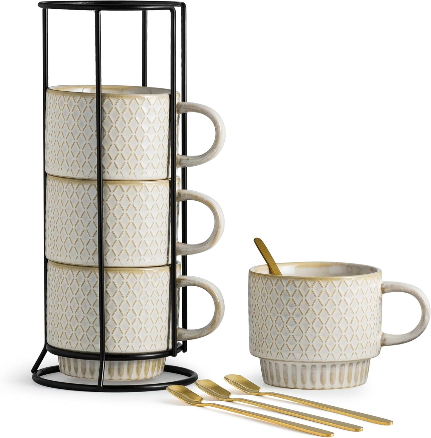 LYEOBOH Stackable Coffee Mugs, Coffee Cups, Mug Set of 4 with Spoons - 13 Oz Coffee Cup Set with Stand, Ceramic Coffee Mug - Farmhouse Kitchen, Beige