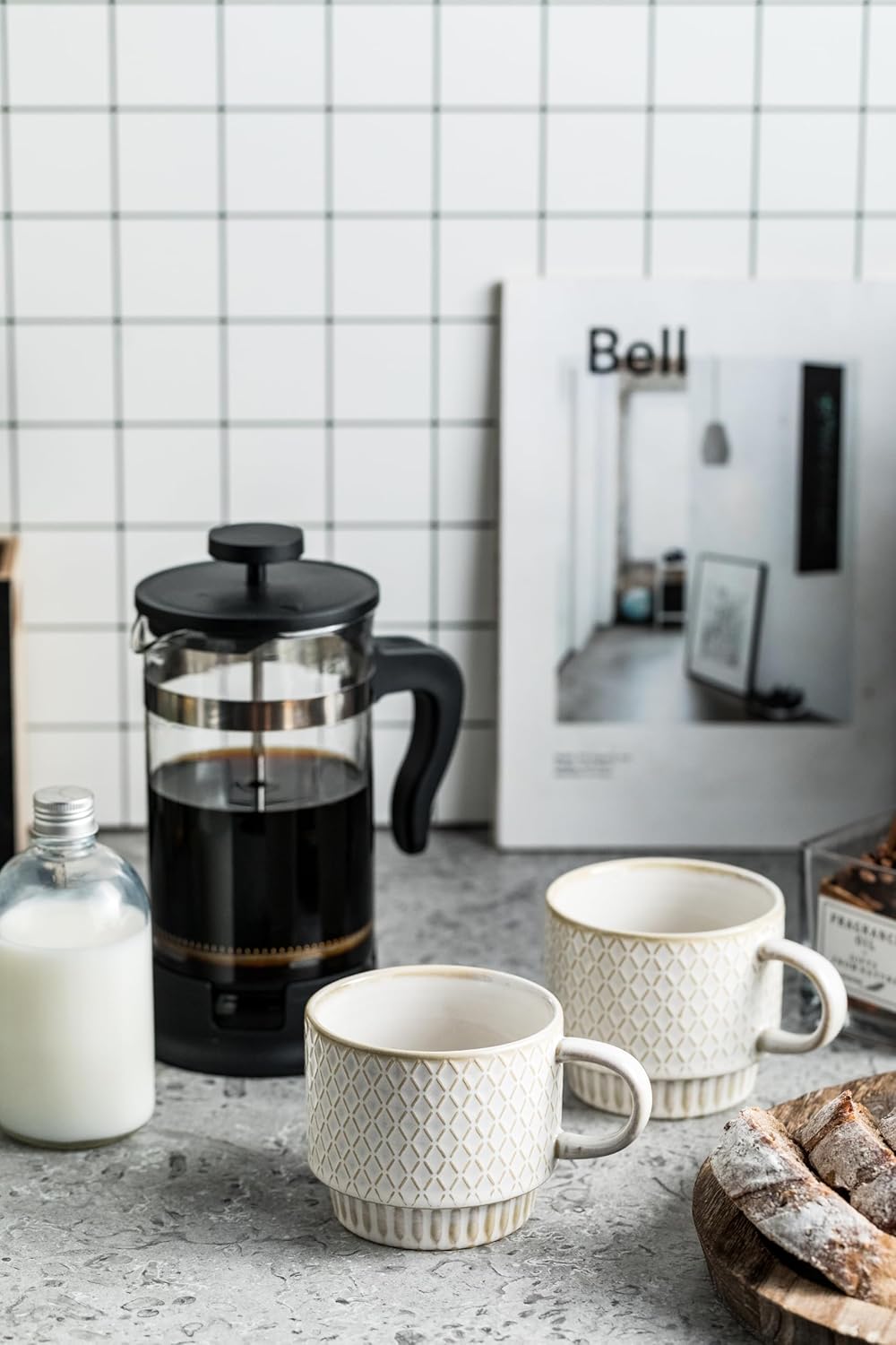 LYEOBOH Stackable Coffee Mugs, Coffee Cups, Mug Set of 4 with Spoons - 13 Oz Coffee Cup Set with Stand, Ceramic Coffee Mug - Farmhouse Kitchen, Beige