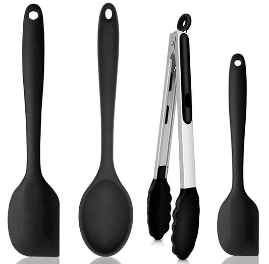 NoChoX Silicone Spatula + Silicone Spoon + Kitchen Tongs with Silicone Tip Heat Resistant Silicone Kitchen Utensils Set for Cooking Non-Stick BPA Free Silicone Cooking Utensils Set Black