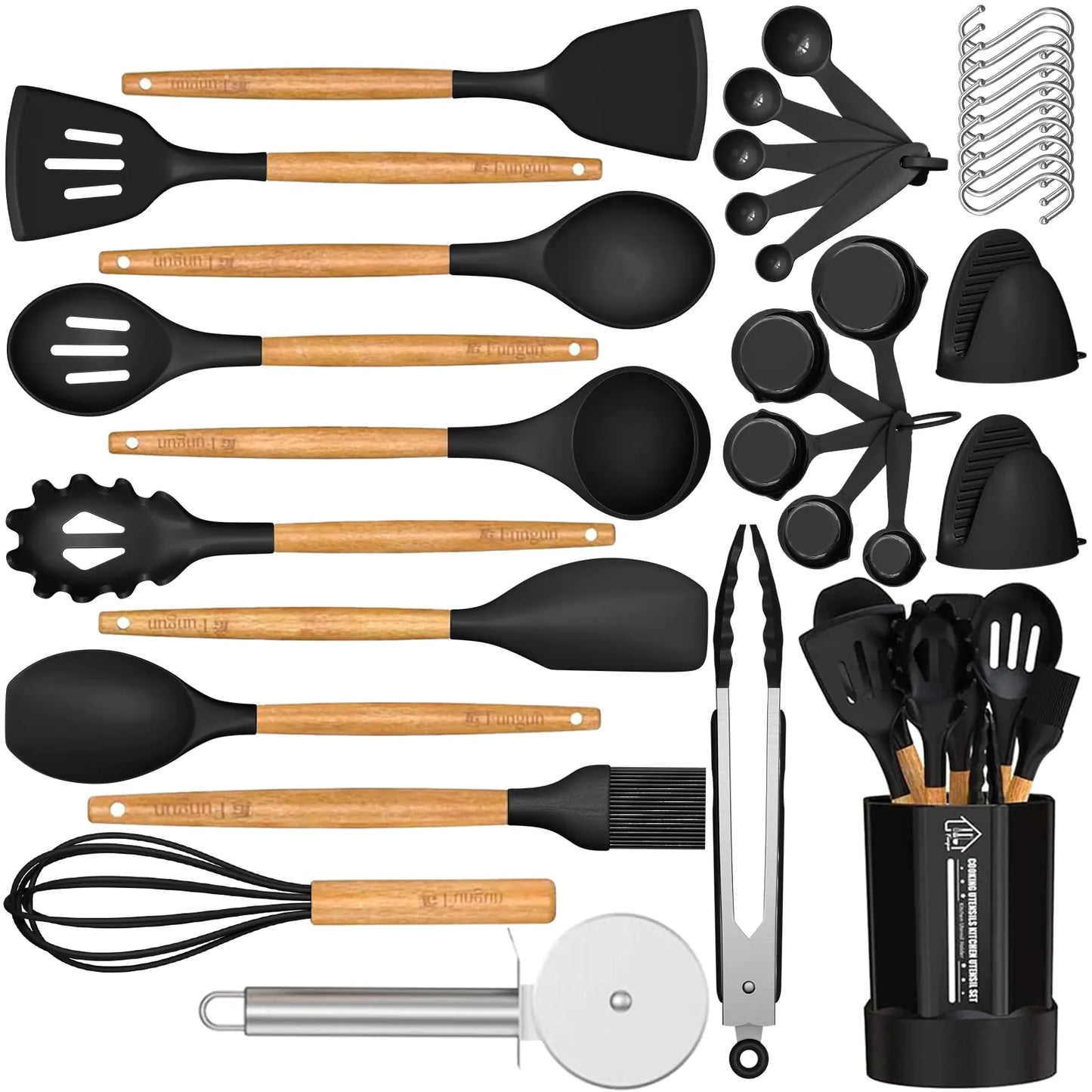 Silicone Kitchen Cooking Utensil Set Fungun 35 Pcs Kitchen Utensils Spatula Set with Utensil Holder for Nonstick Cookware BPA Free Cooking Utensils Kitchen Tools Gift (Black)