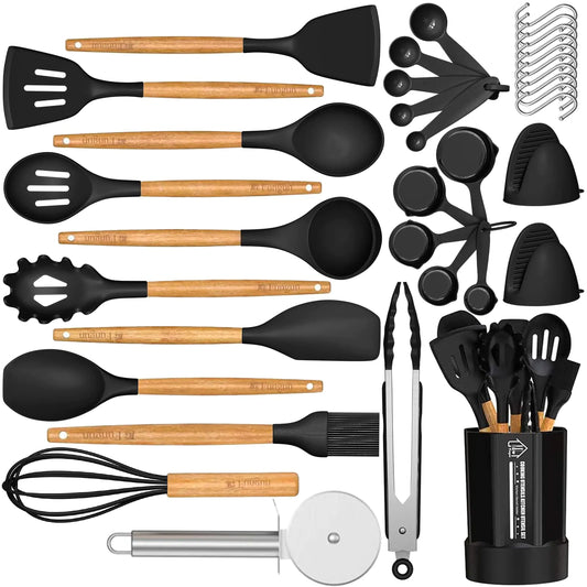 Silicone Kitchen Cooking Utensil Set Fungun 35 Pcs Kitchen Utensils Spatula Set with Utensil Holder for Nonstick Cookware BPA Free Cooking Utensils Kitchen Tools Gift (Black)