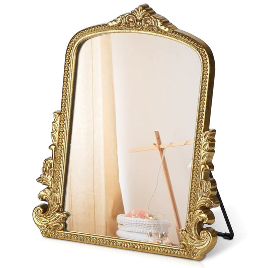 Vintage Makeup Mirror Vanity Desk Mirror Antique Traditional Tabletop Mirror Standing Hang or Wall Mounted Adjustable Dress-up Mirror Gold Decor Mirror for Living RoomBedroom (gold 11.8*9.6 in)