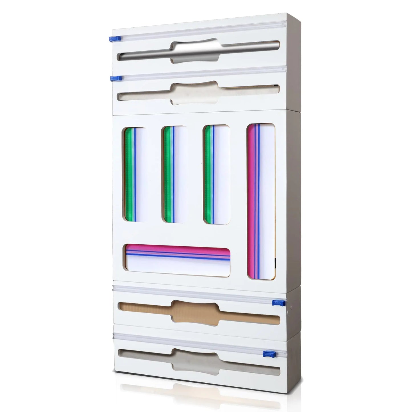 AGILILY 9 IN 1 Bamboo Storage Bag Organizer for Kitchen Drawer Plastic Wrap and Foil Dispenser with Cutter Compatible with Gallon Quart Sandwich and Snack Variety Size Bags (White 3.5” High)