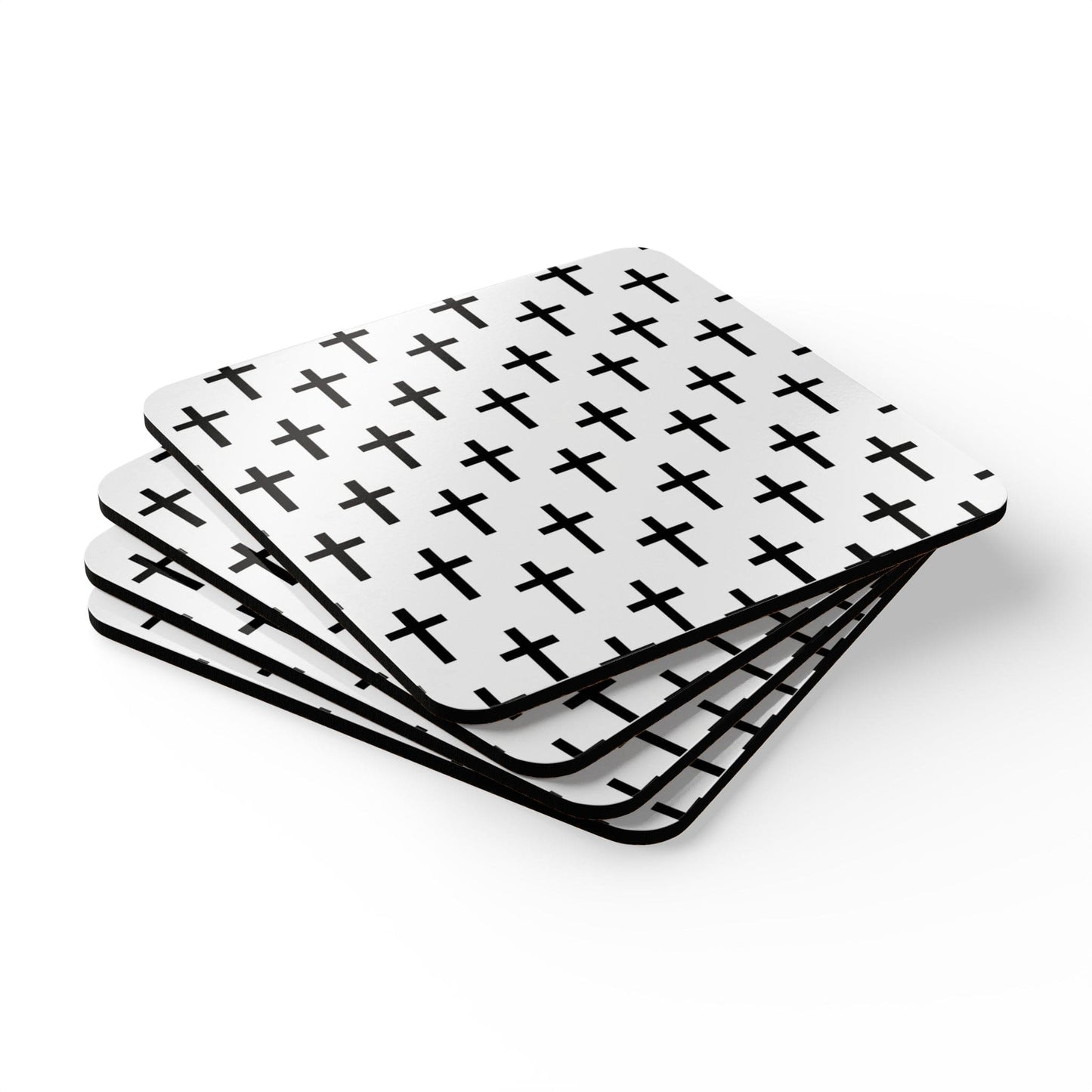 Handcrafted Square Coaster Set of 4 White Black Cross Print