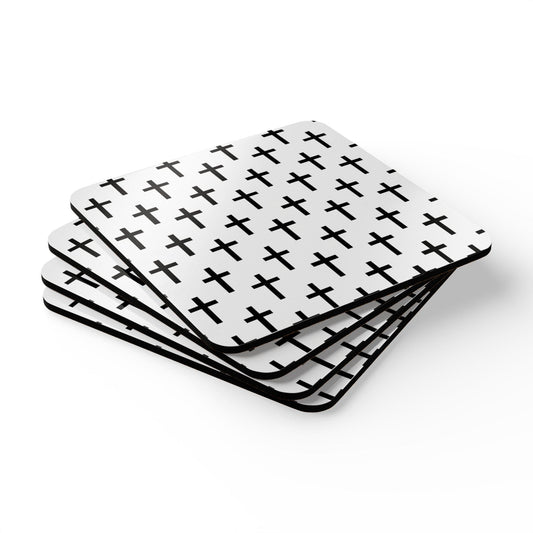 Handcrafted Square Coaster Set of 4 White Black Cross Print