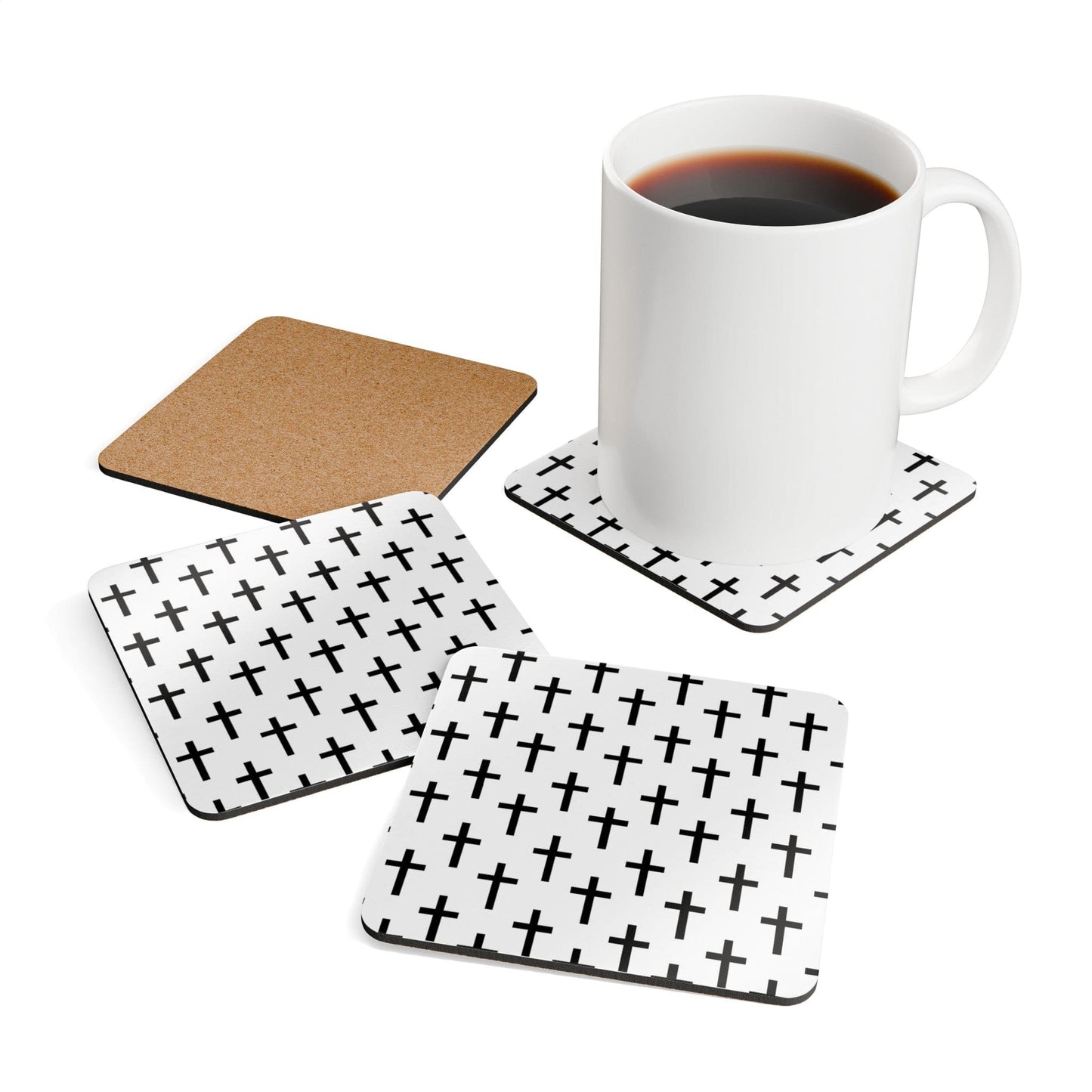 Handcrafted Square Coaster Set of 4 White Black Cross Print
